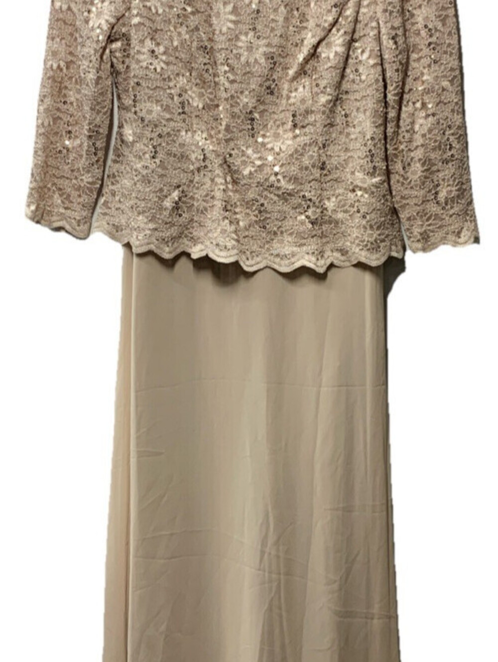Alex Evenings 3/4 Sleeve Stretch Lace Bodice Mock One Piece Gown Size 12P Taupe